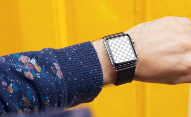 Apple Watch gratuite Mockup sur jaune Mockuuups Studio