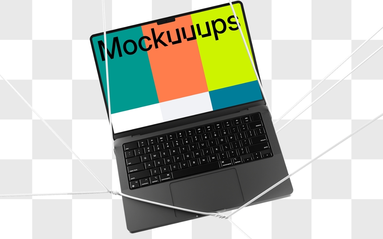 MacBook Pro mockup in isometric view showing keyboard and screen with transparent background and shadow effects