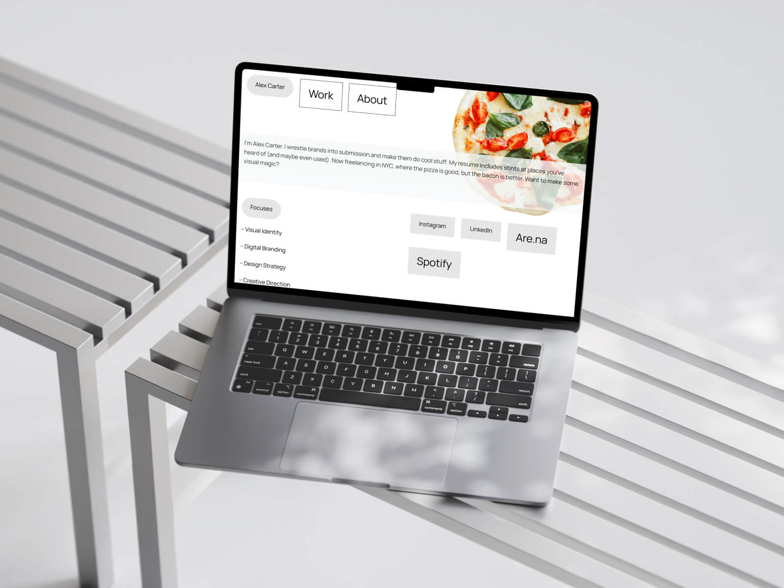 Expressive portfolio template with bold typography and creative layout elements that showcase both work and designer personality