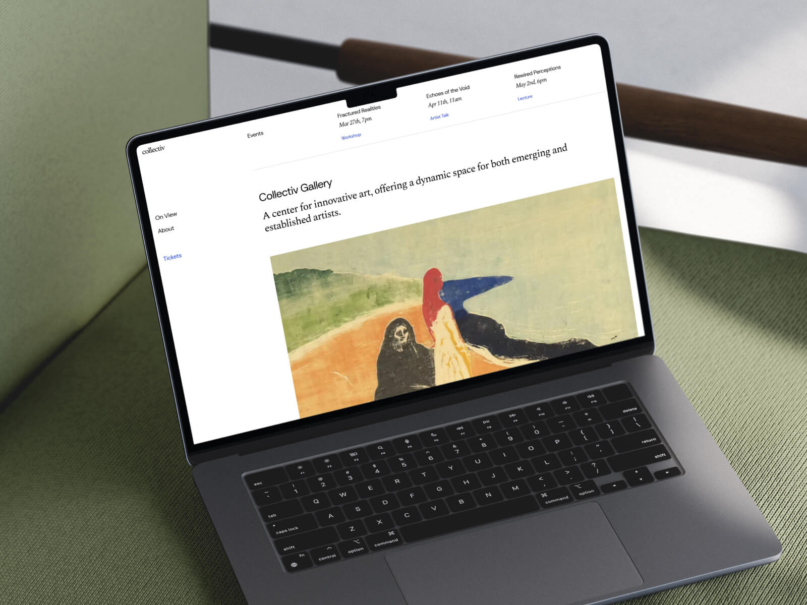 Gallery-inspired template with generous white space and focused image displays for artwork and creative exhibitions