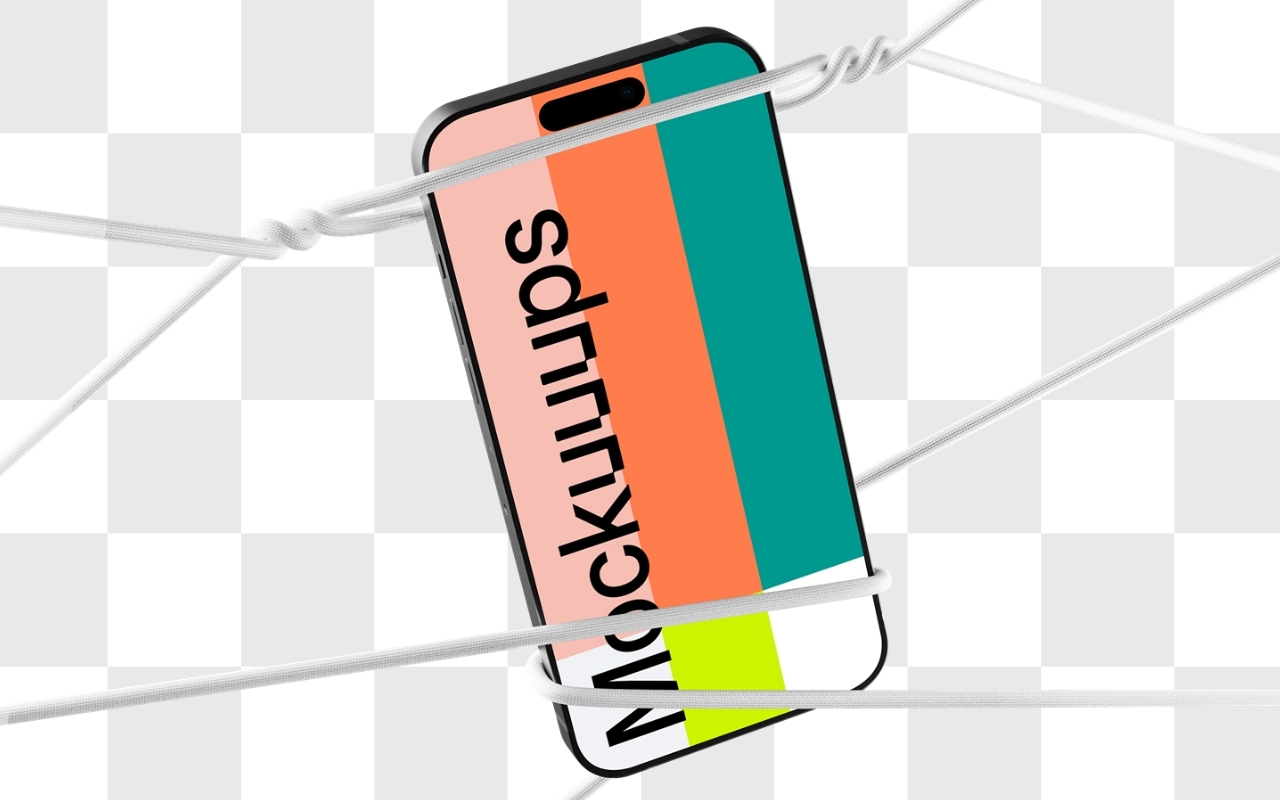 iPhone mockup with white rope binding in 3D isometric design on transparent background - device mockup template