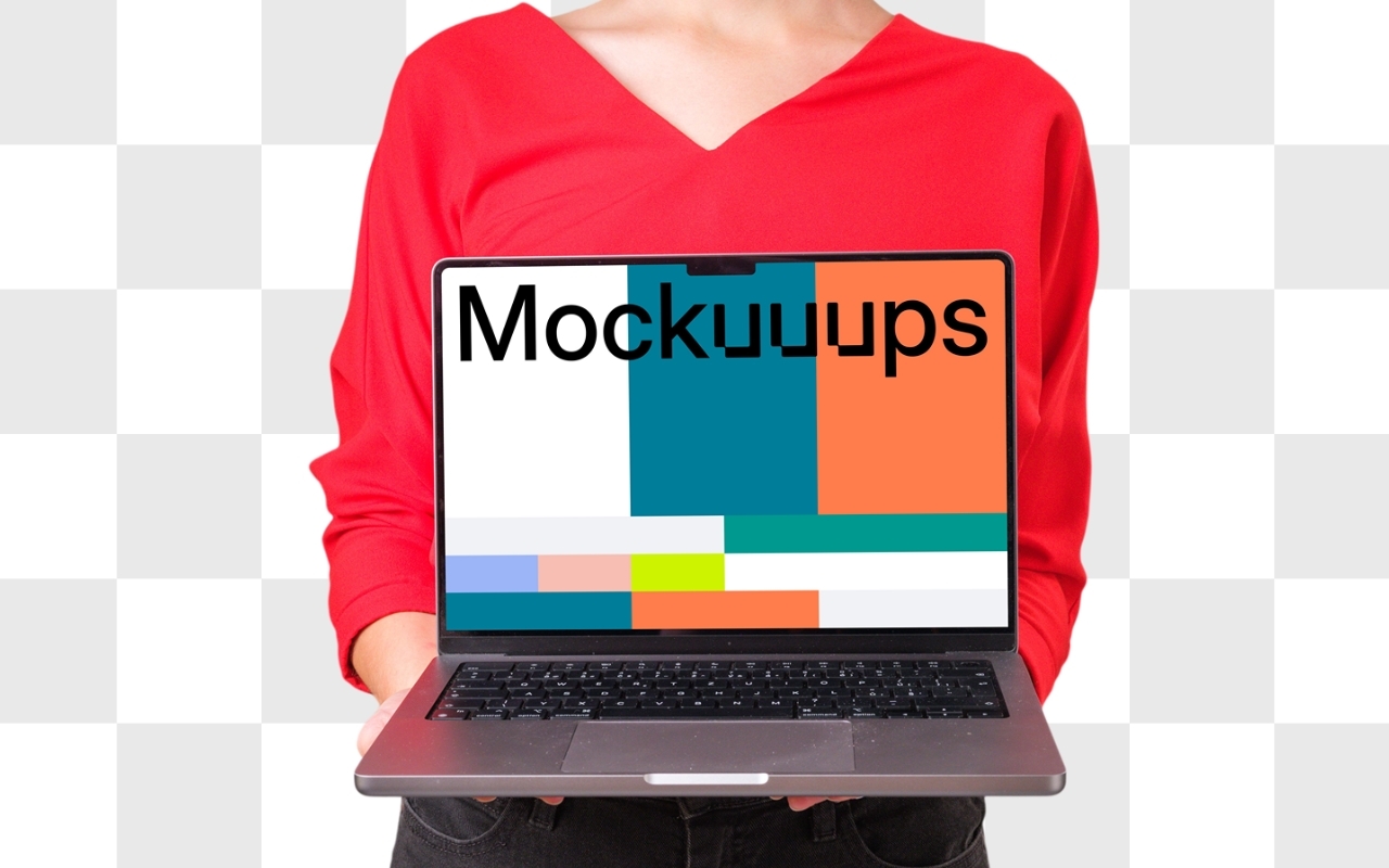 Woman holding MacBook Pro mockup in hands wearing red shirt, transparent background device mockup generator template