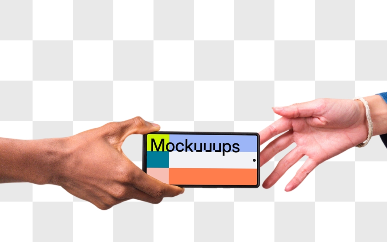 Google Pixel device mockup with diverse hands interacting from sides on transparent background for app showcase