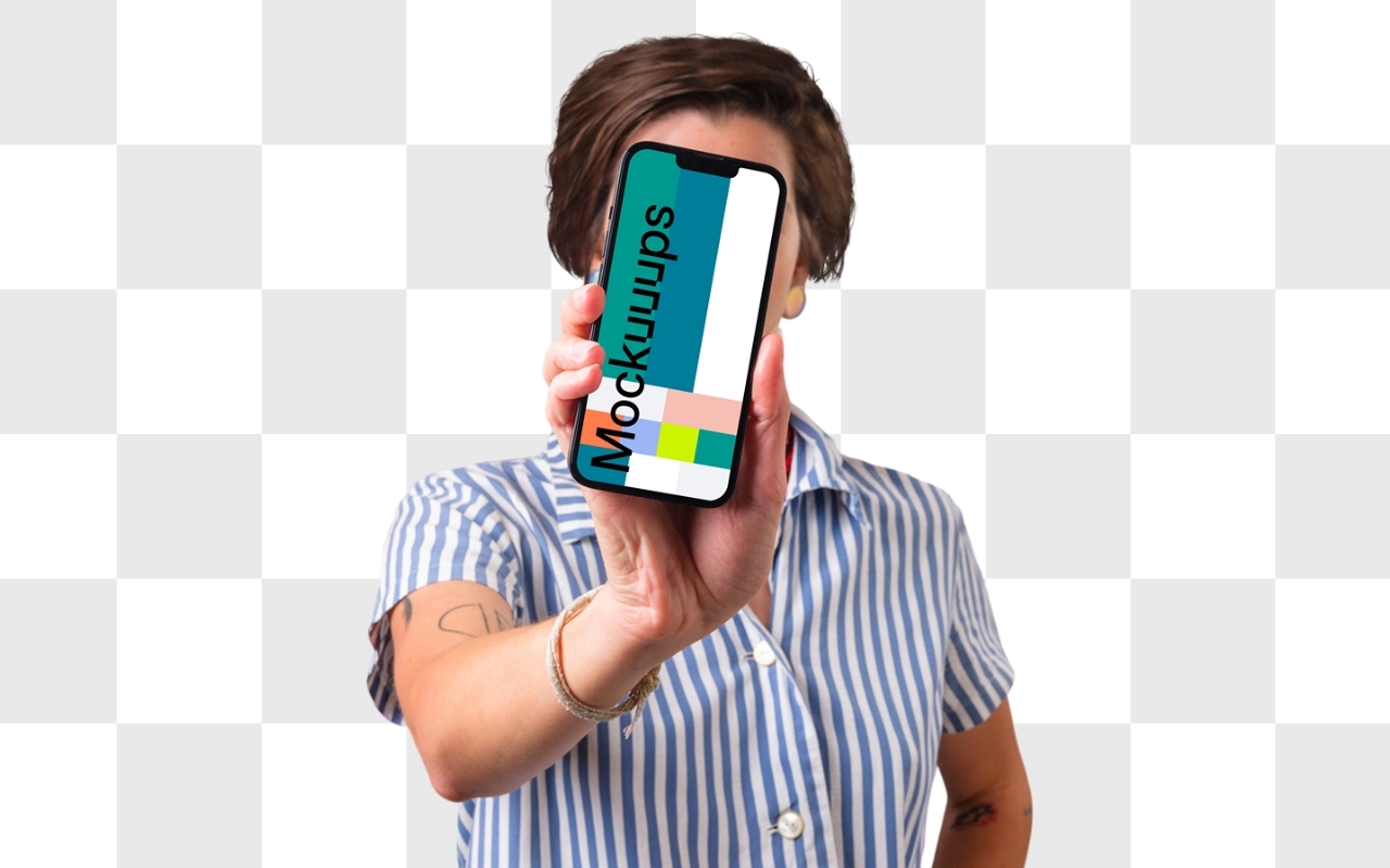 iPhone mockup held by woman with tattooed hands against transparent background - device mockup generator template