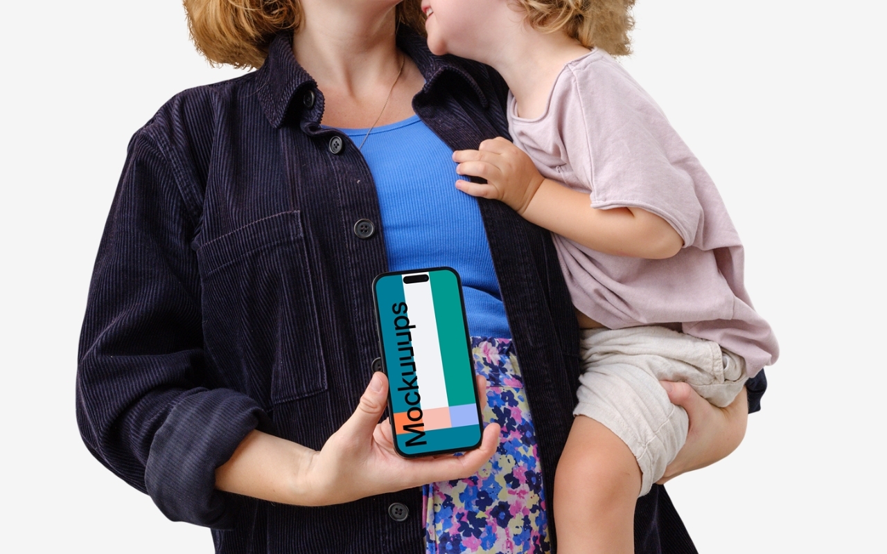 Mother holding iPhone mockup with child in warm embrace on transparent background from device mockup generator