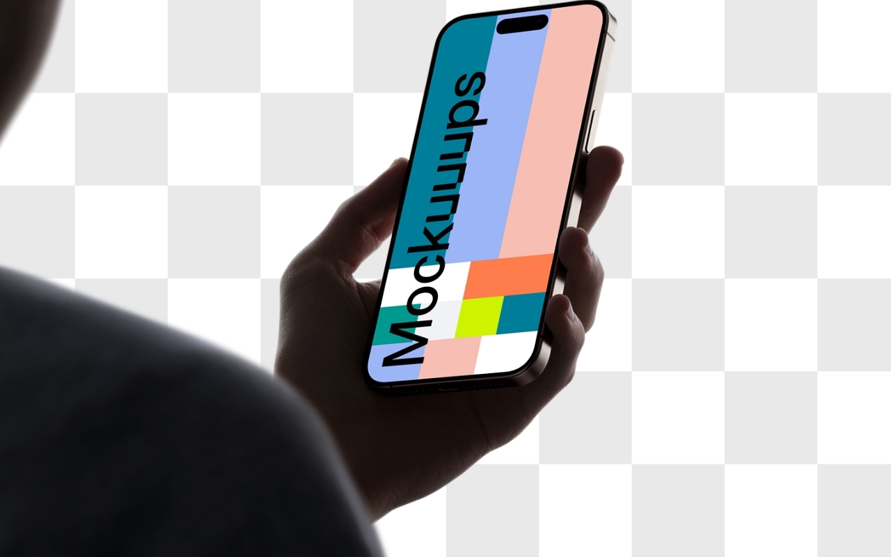 iPhone mockup held in male hand with transparent background for seamless device mockup generator integration