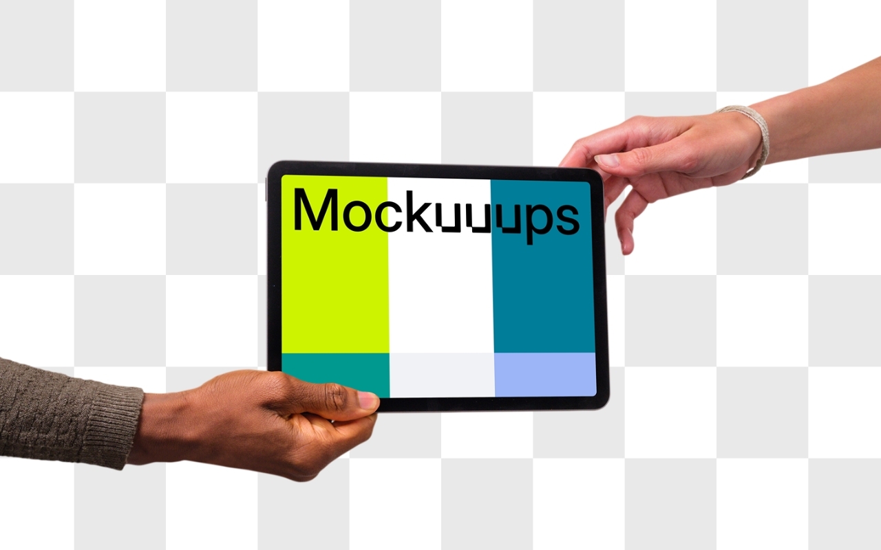 iPad Air mockup with diverse hands interacting from side on transparent background for mobile app showcase