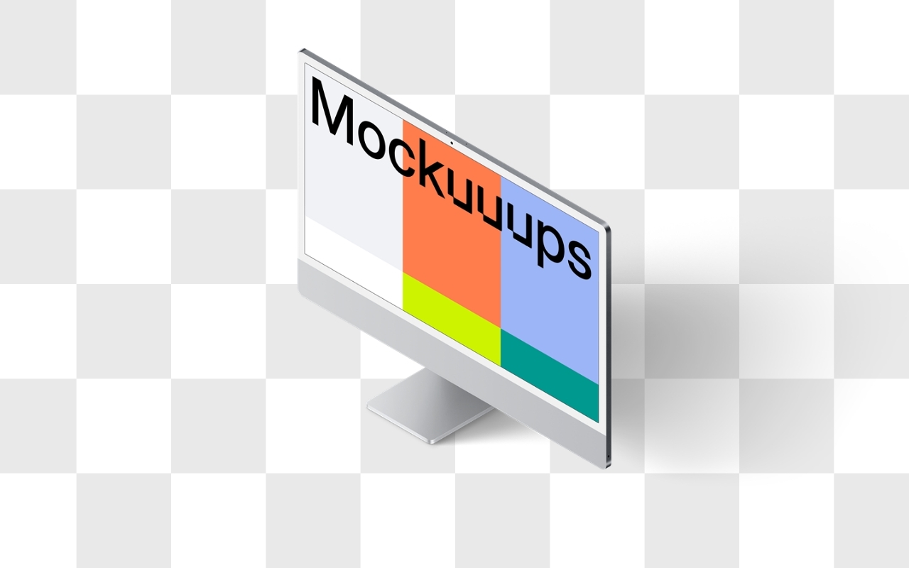 iMac mockup with transparent background in isometric view, modern desktop computer mockup template for designers