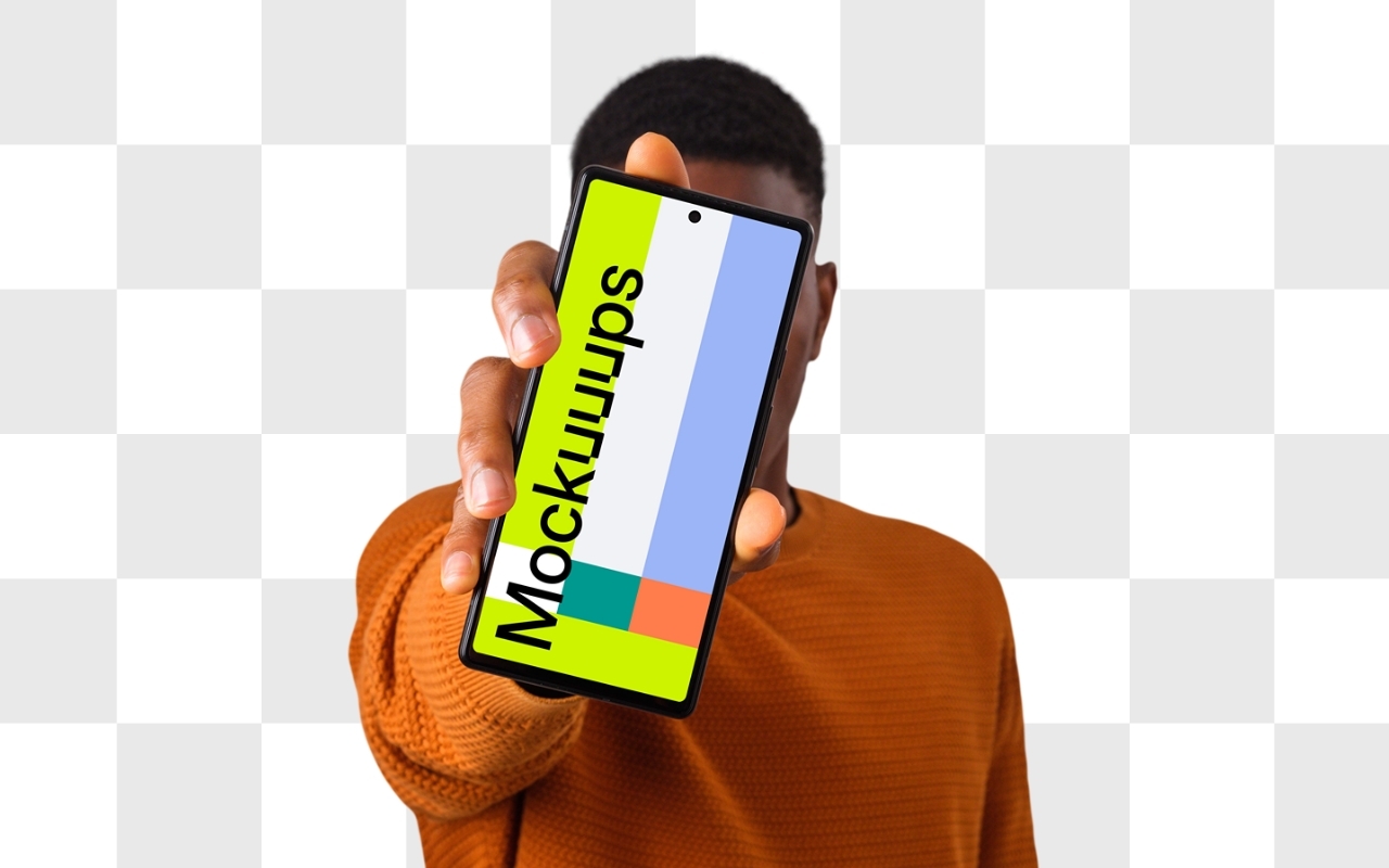 African-American man in orange sweater holding Google Pixel mockup with transparent background - device mockup template