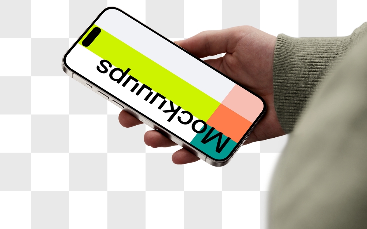 iPhone mockup with male hand holding device on transparent background for seamless design integration