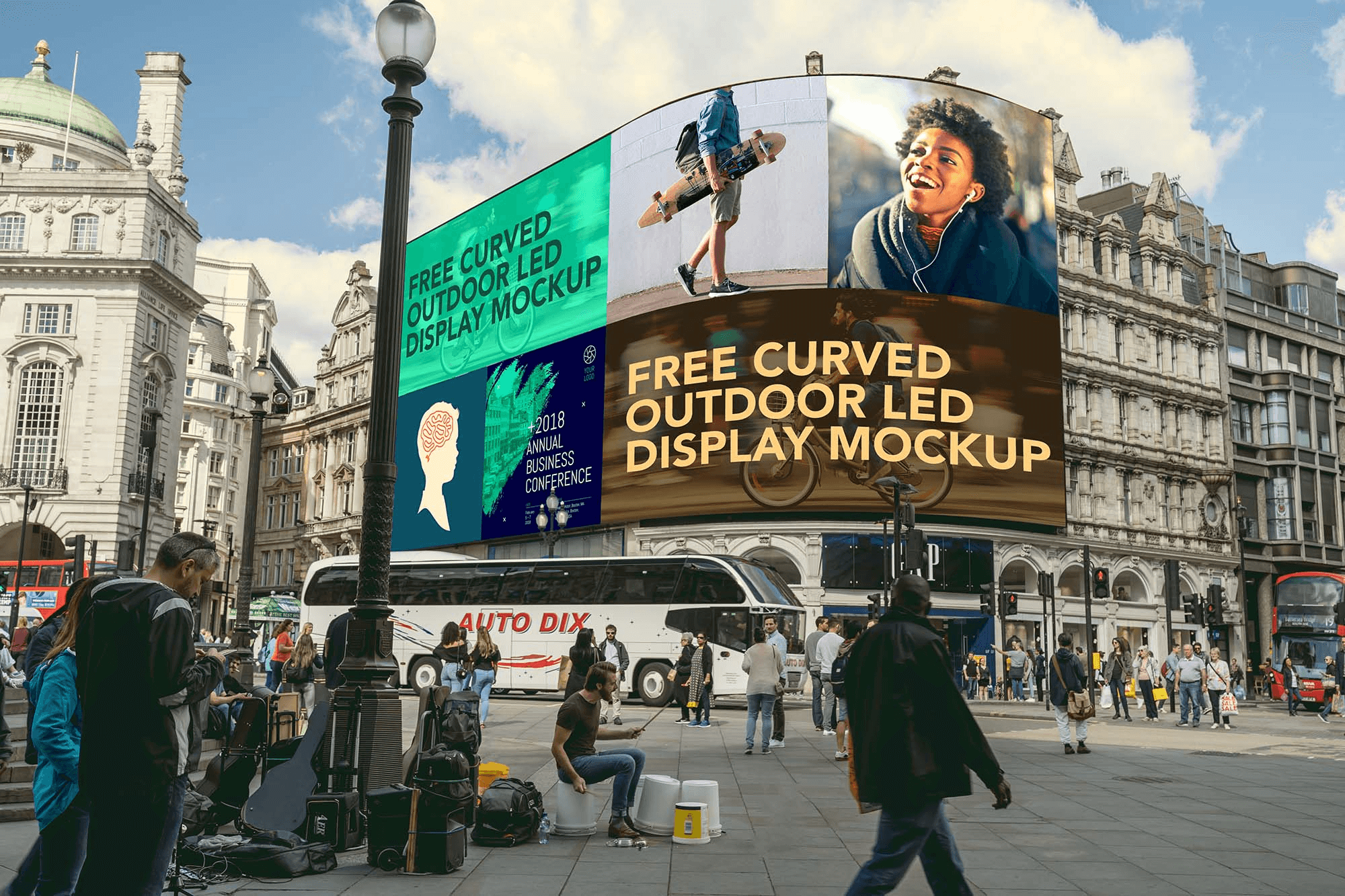 Curved LED billboard mockup in a busy London street