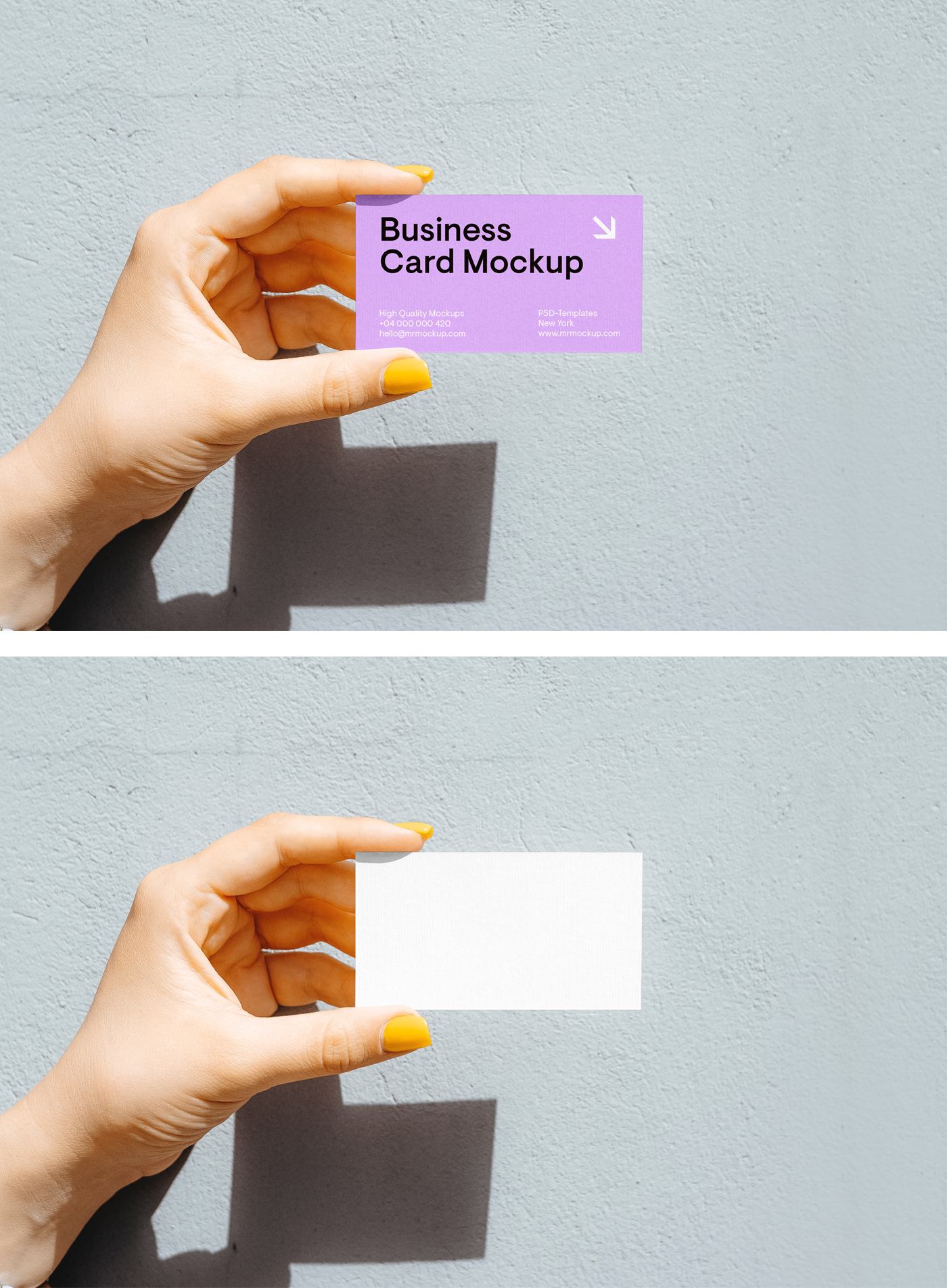 Hand holding a purple EU business card mockup against a gray wall background.