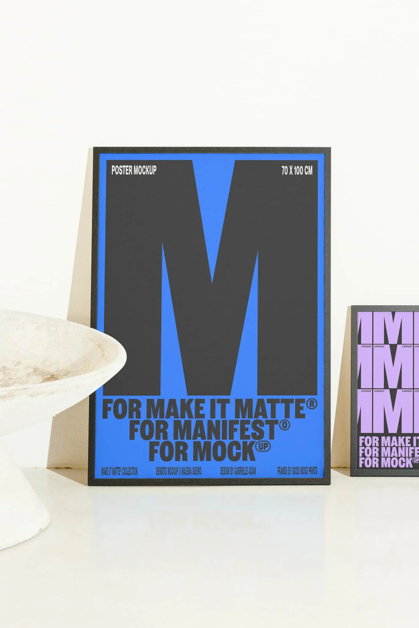 Blue poster mockup with bold typography, matte finish on a minimal backdrop, perfect for showcasing modern design.