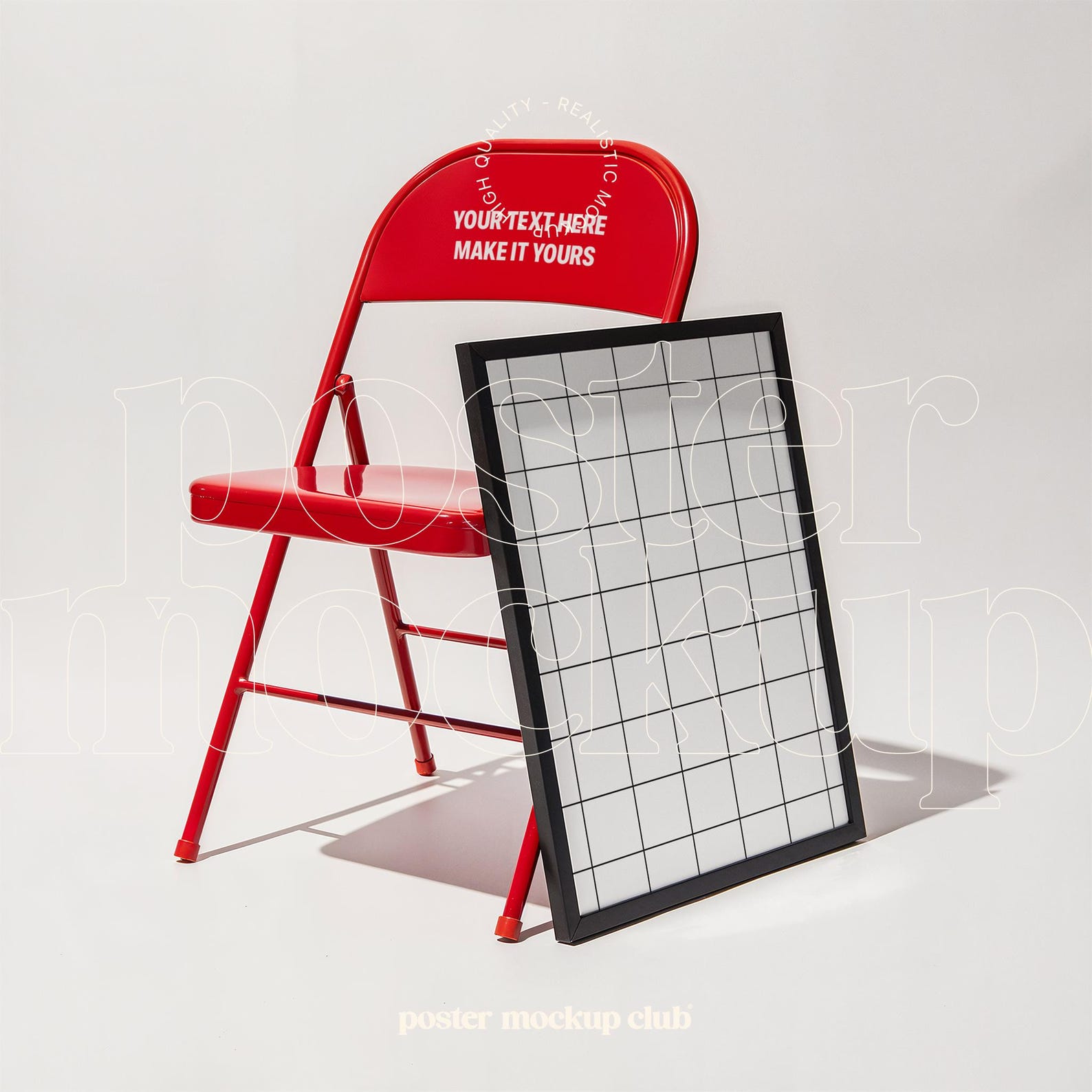 Vibrant red chair & grid frame in poster mockup, blending bold contrast & modern design for UI/UX inspiration.