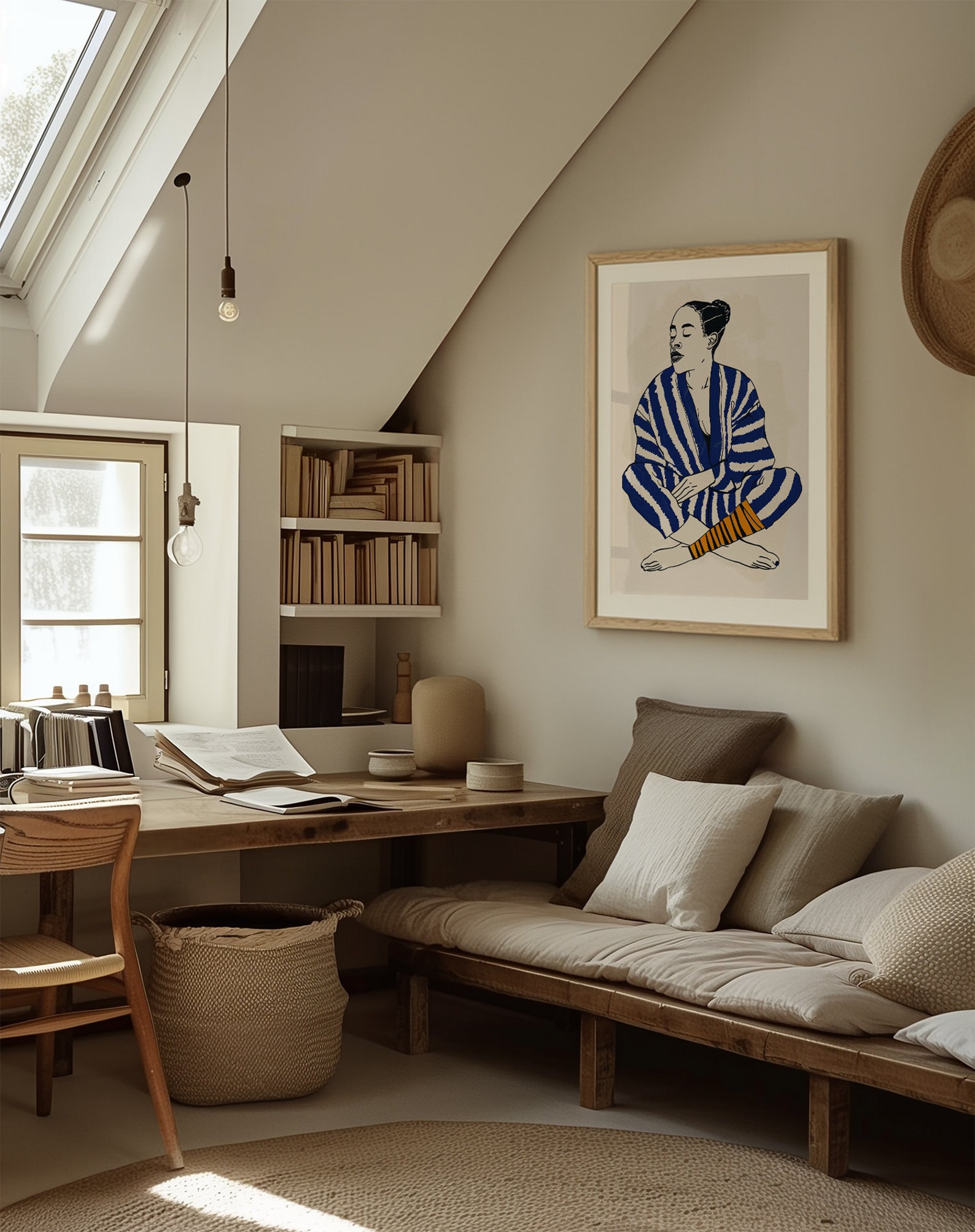 Cozy attic workspace with a wooden desk and a framed illustration, ideal for best poster mockups in a serene, sunlit setting.