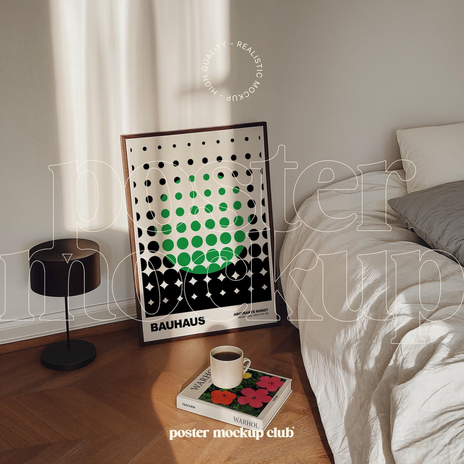 Cozy bedroom with a framed poster mockup, vibrant book, and mug of coffee, bathed in warm sunlight for design inspiration.