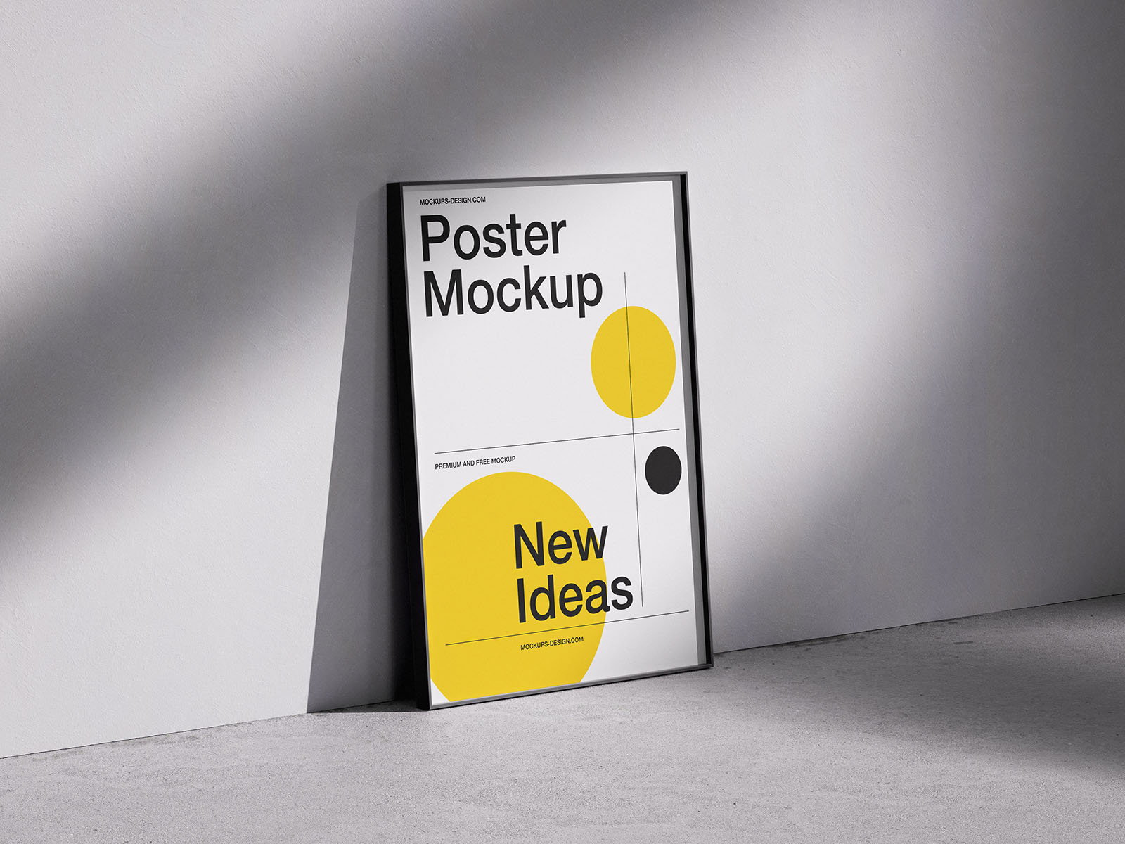 Sleek poster mockup framed in black, set against textured wall and concrete floor, ideal for modern poster design showcase.