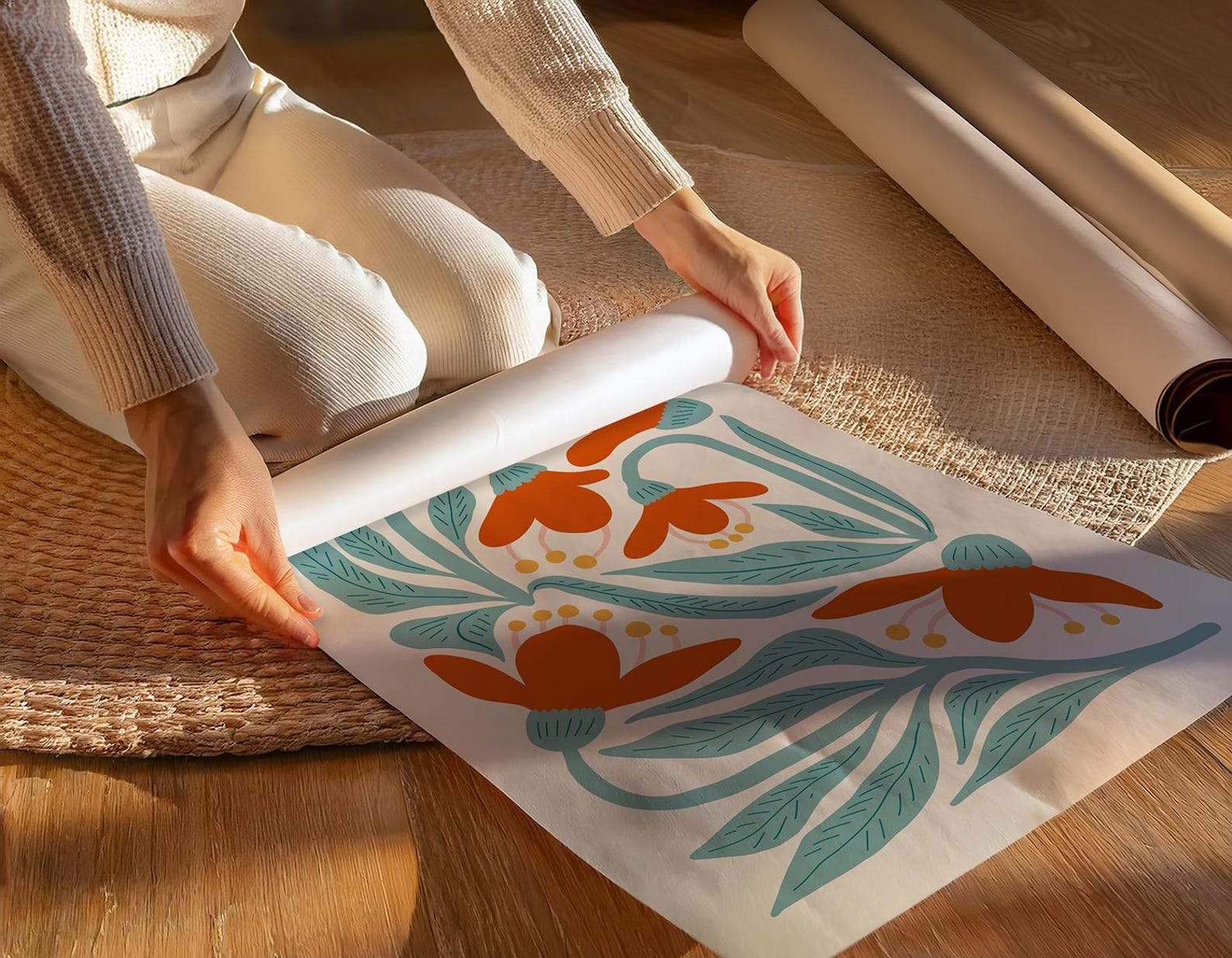 Person unrolls vibrant floral print on wood floor in warm light. Cozy and nature-inspired setting for the best poster mockups.