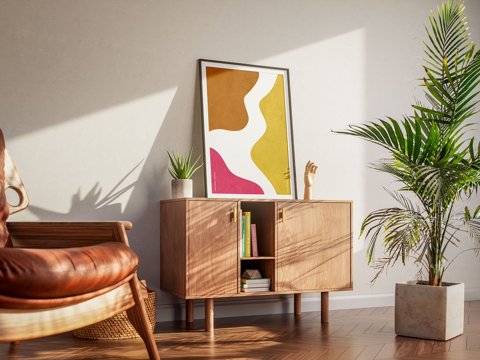 Warm interior with a mid-century chair and cabinet, featuring a free poster mockup and lush greenery for a modern vibe.