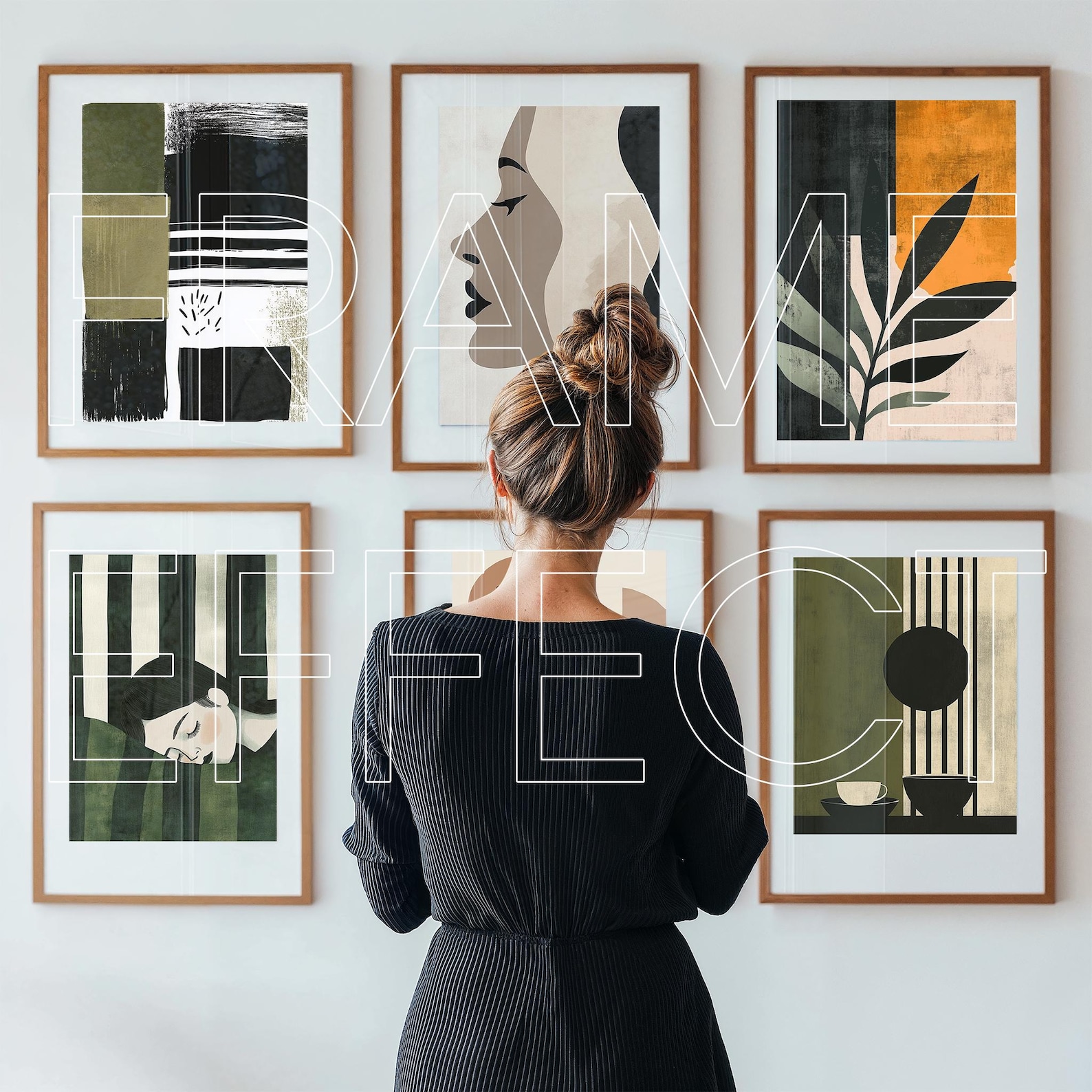 A woman in a minimalist room admires six earthy-toned art pieces; perfect for showcasing the best poster mockups.