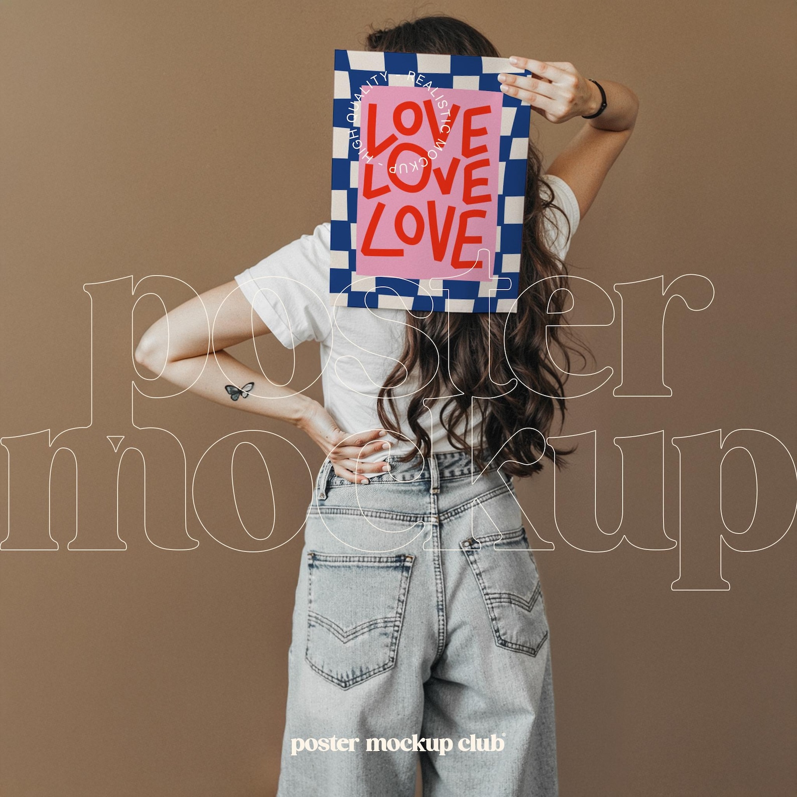 Figure holding a vibrant poster mockup in a casual outfit with denim jeans and a white tee, set against a solid brown background.