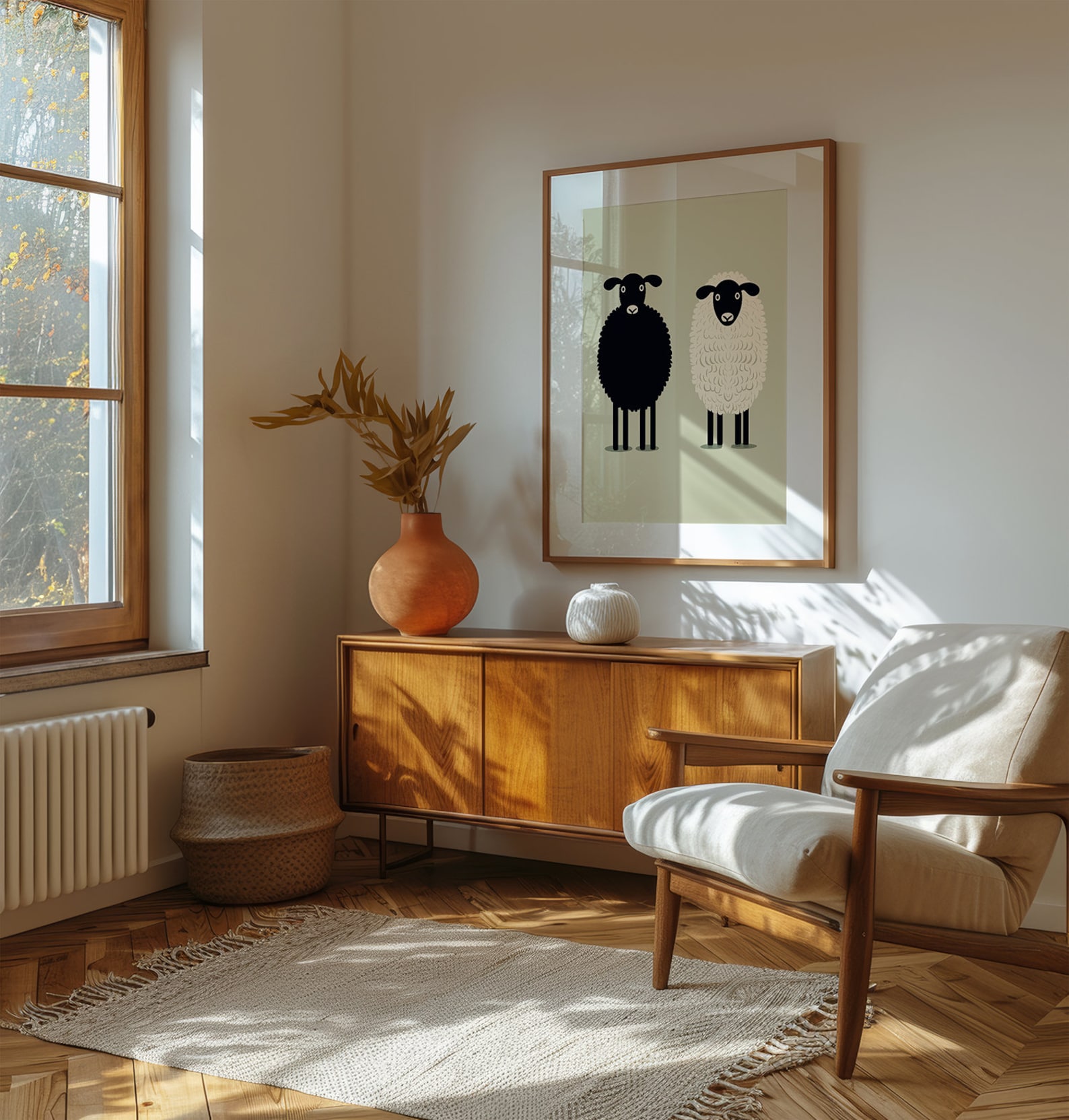 Free poster mockups: Sunlit room with rustic and modern touches, featuring wall art in a relaxing and warm ambiance.