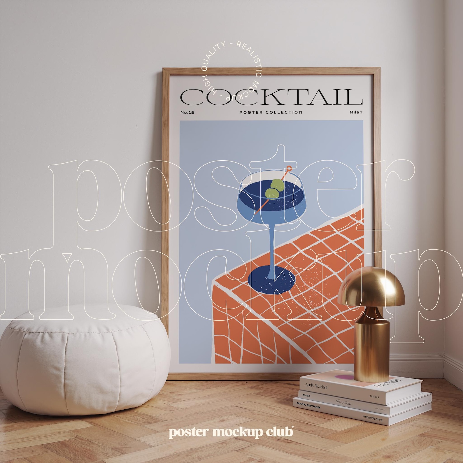 Framed poster mockup in cozy corner with plush pouf, golden lamp, and stylish books for a minimalist modern design.