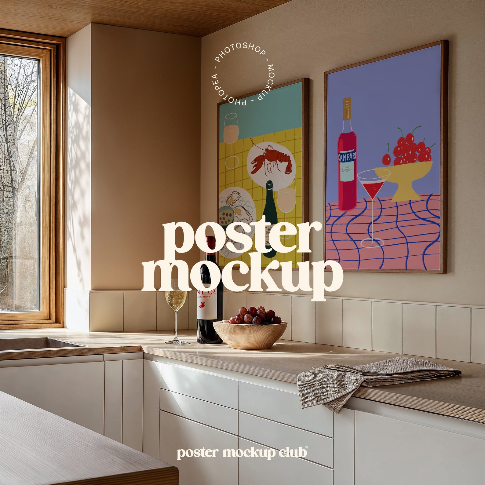 Elegant free poster mockup set in a serene, sunlit kitchen with warm wooden accents and vibrant art pieces.
