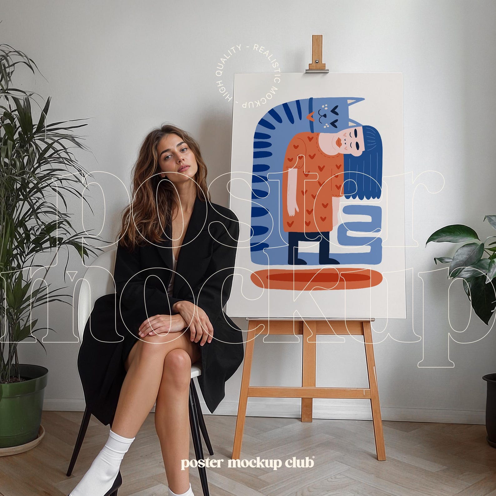 A stylish woman considers art on an easel in a serene room—ideal for showcasing your best poster mockups.