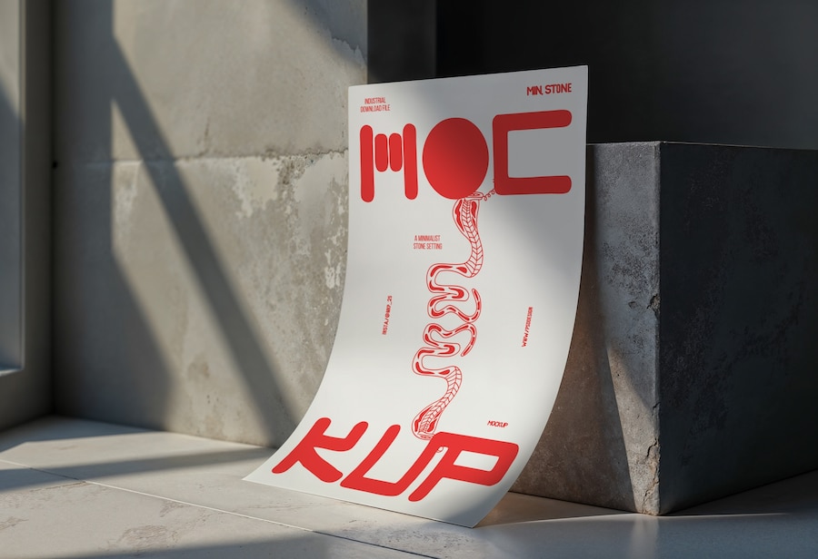 Free poster mockup in chic urban setting with sunlight casting shadows on textured stone for minimalistic design showcases.