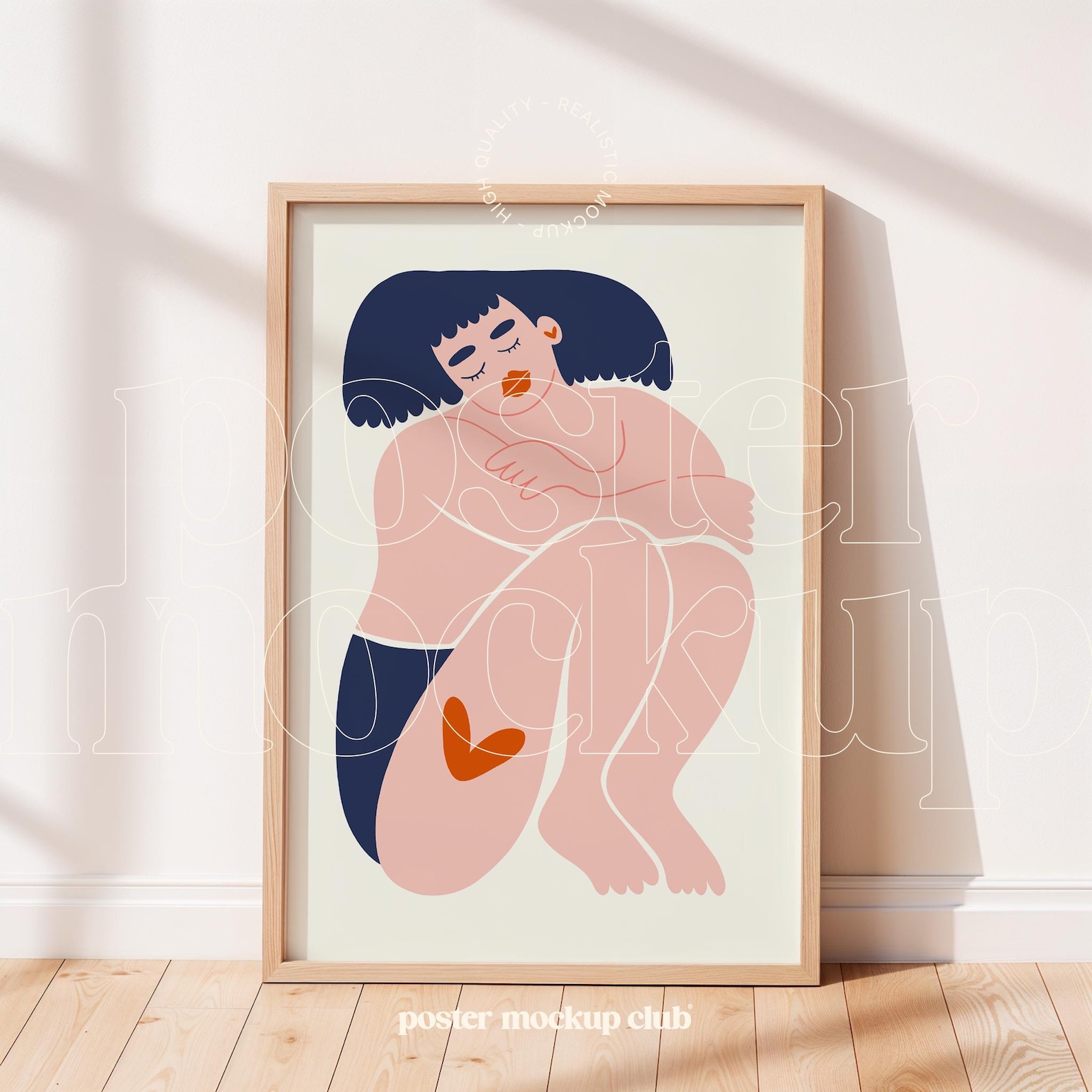 Framed artwork in sunlit, minimalist space on light wood floor; perfect way to display your design in best poster mockups.