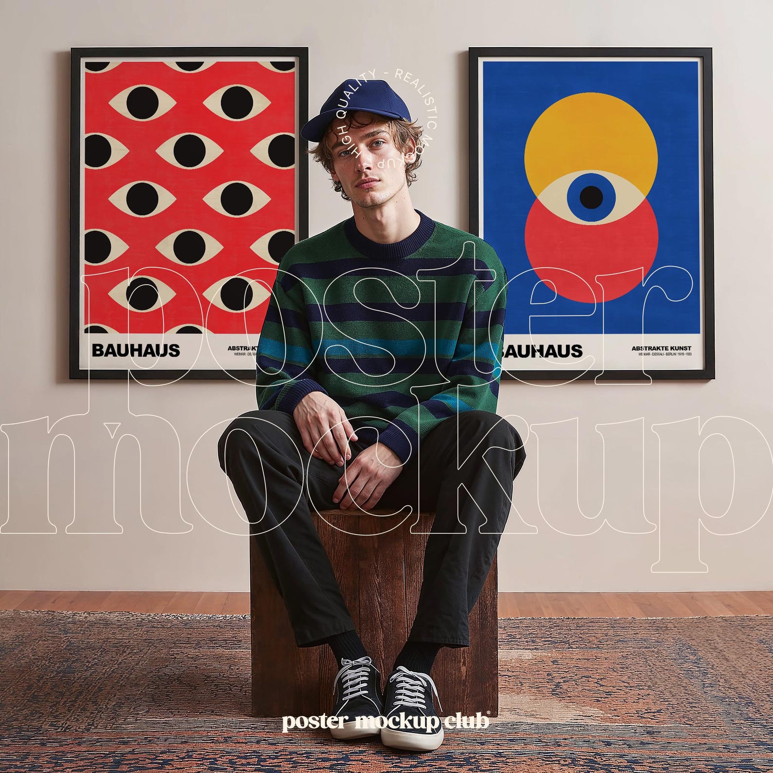 Young man in striped sweater sits on wood block with best poster mockups on wall, creating a stylish, modern design vibe.