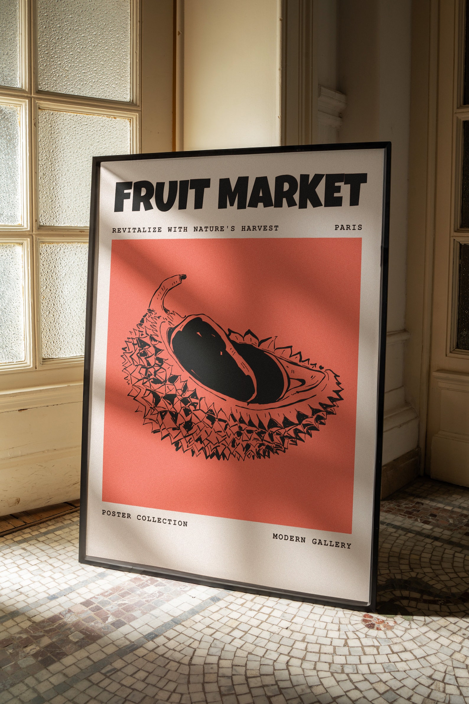 Free poster mockup with a framed poster leaning against a vintage door, highlighted by natural light and casting soft shadows.