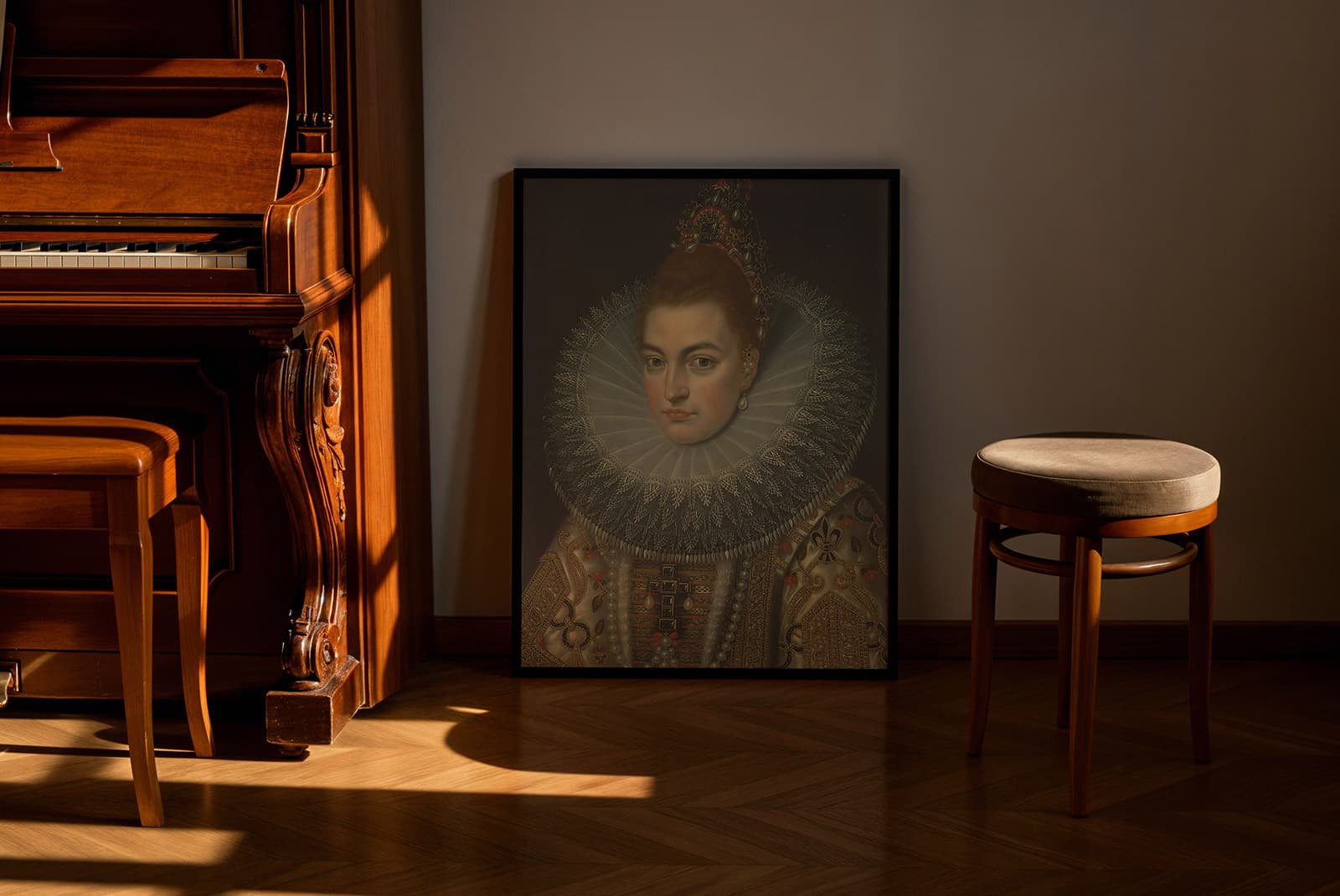 Free poster mockups: Warm sunlight illuminates a cozy room with an ornate piano, wooden stool, and a casually leaned portrait.