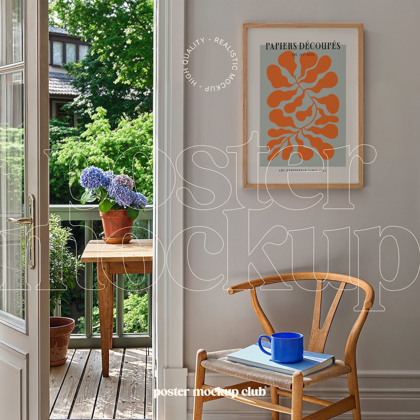 Free poster mockups enhance serene interior; wooden chair by balcony, sunlight on artwork, vibrant colors, and lush garden view.