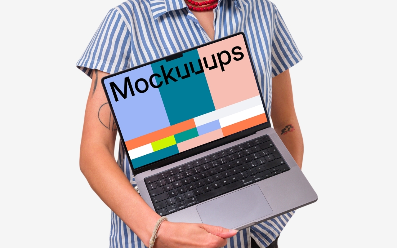 Professional woman holding MacBook Pro mockup with confident posture, transparent background device template