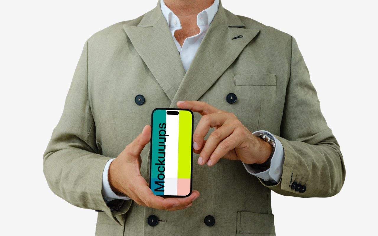 Professional businessman holding iPhone mockup with transparent background, ideal device mockup for business projects