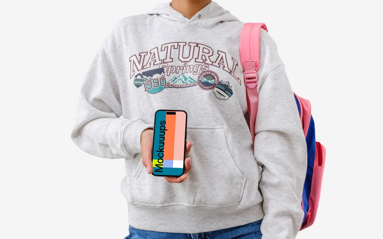 iPhone mockup held in female hand with transparent background for app showcase and product promotion