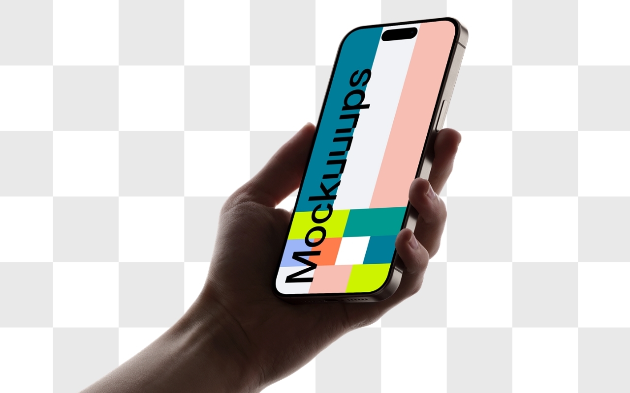 iPhone mockup held in male hand with transparent background for showcasing apps and digital content