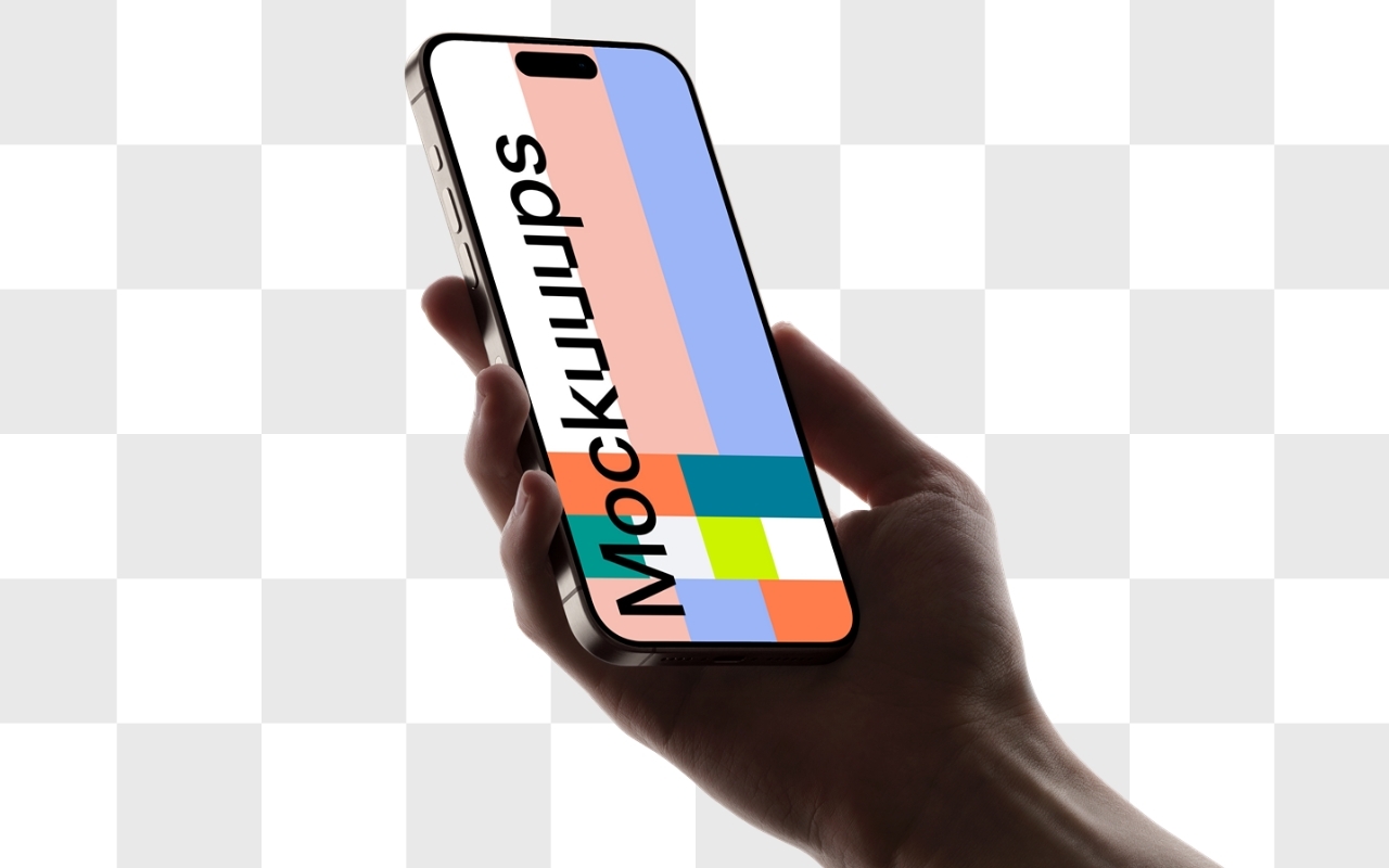 iPhone mockup held in male hand on transparent background, perfect device mockup template for app presentations