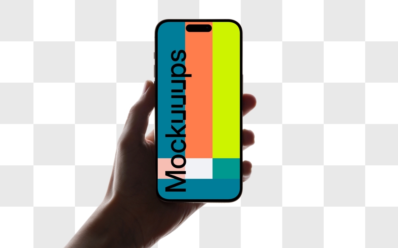 iPhone mockup with male hand holding device on transparent background - perfect mockup template for app presentations