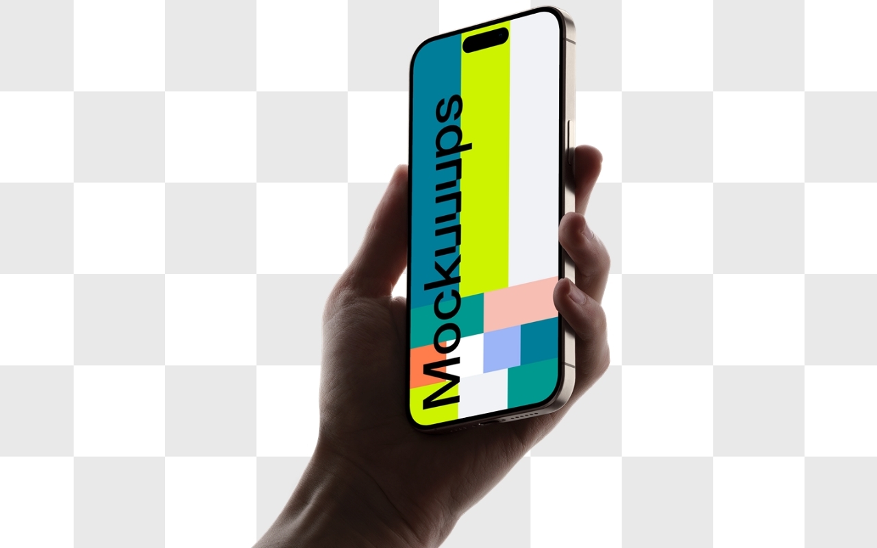 iPhone mockup held in male hand with transparent background, perfect for showcasing apps and mobile designs in presentations
