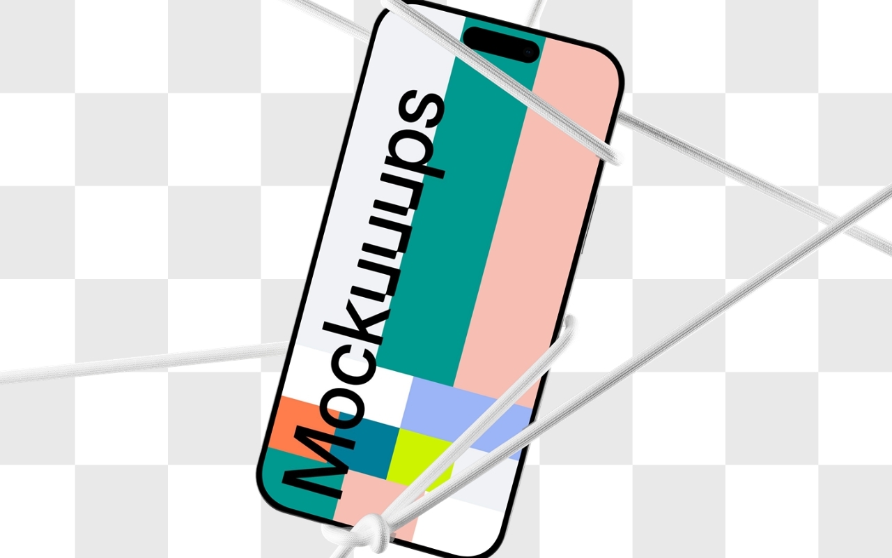 iPhone mockup with white rope in isometric view on transparent background - device mockup generator template