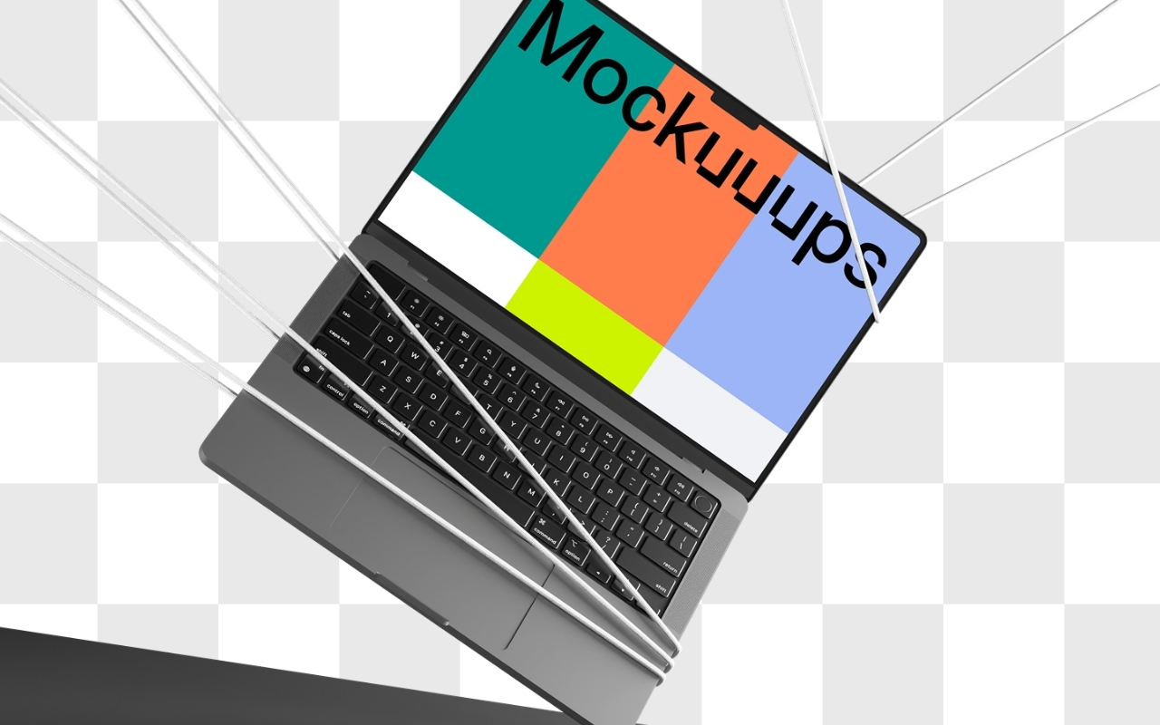 MacBook Pro mockup on modern stand with transparent background, angled view showing keyboard and ports for professional presentations