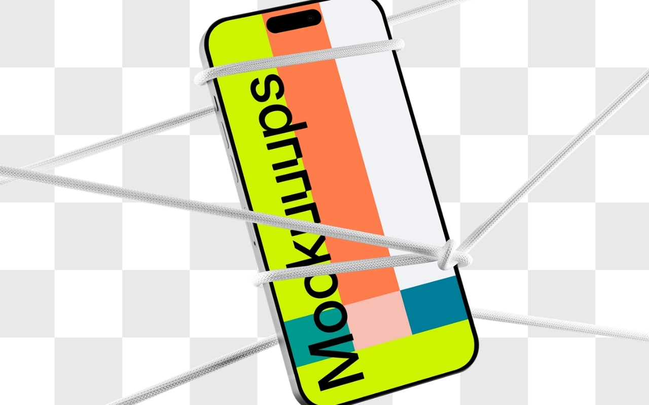 iPhone mockup with rope overlay in isometric perspective on transparent background - device mockup template for app displays