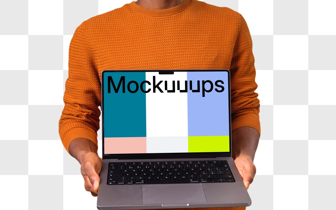 MacBook Pro mockup with African-American man in orange sweater holding laptop on transparent background for app design showcase