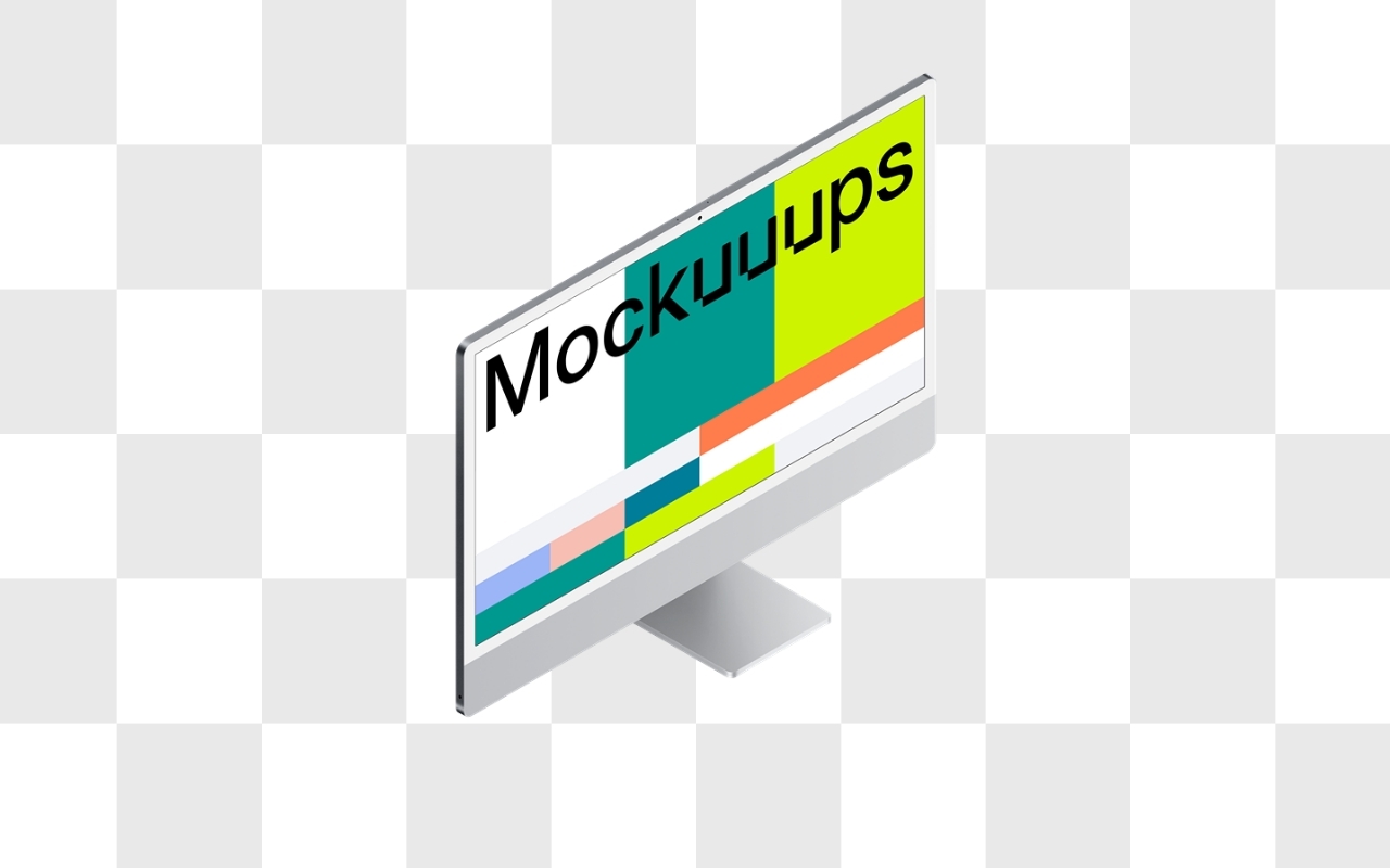 iMac desktop computer mockup with isometric angle view on transparent background for showcasing digital designs and websites