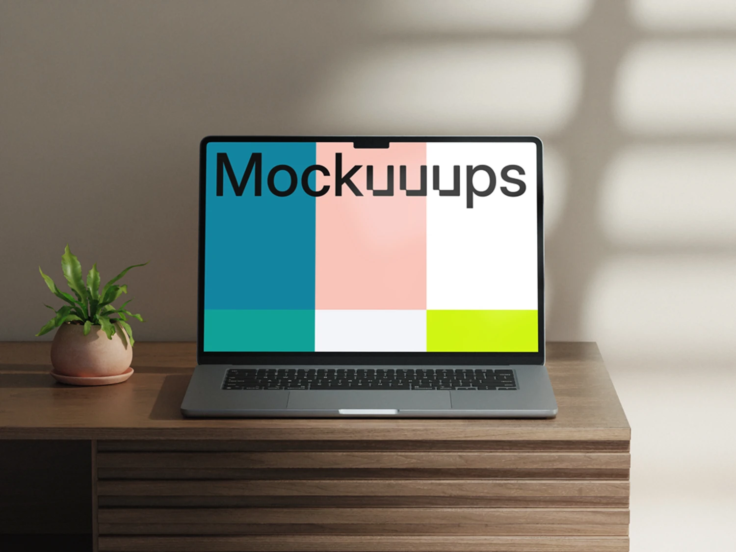 MacBook Air wooden desk plant mockup