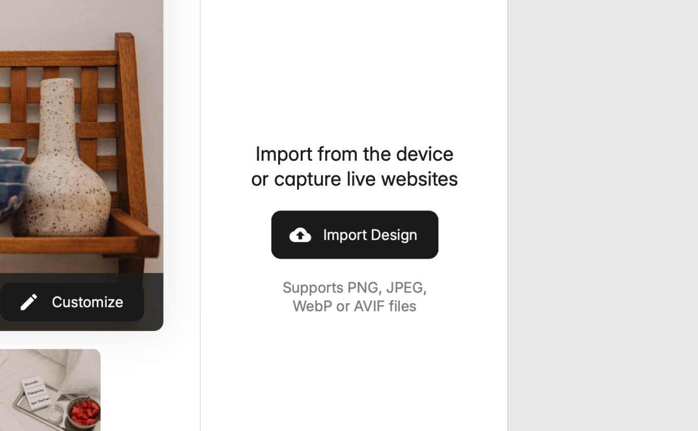 Import tab in Sketch plugin with options for local upload, website screenshot and mobile QR code