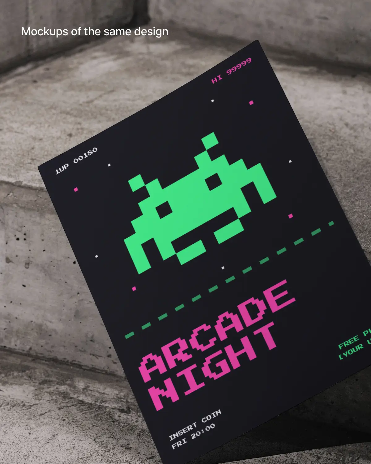The same ARCADE NIGHT poster as a mockup, leaning against a concrete step, labelled "Mockups of the same design"